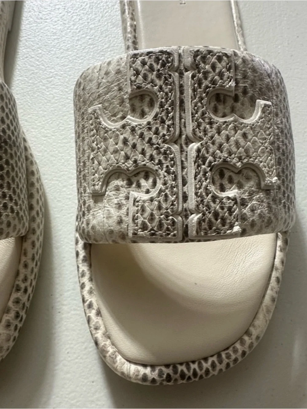 Tory Burch Ivory Snake-Embossed Slide Mules